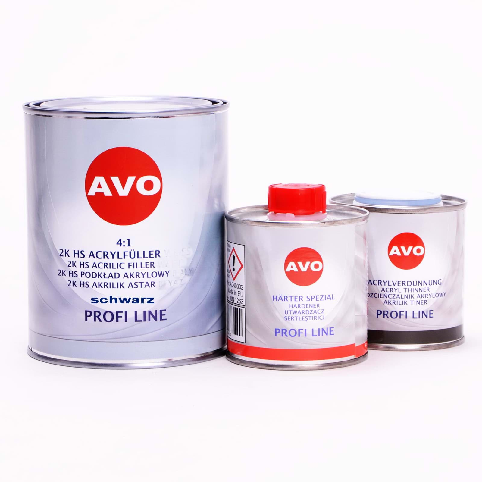 Bild von AVO 2K HS 4:1 Grundier Füller  Acrylfiller schwarz 1,5 Liter Set (1Liter Füller + 0,25 Liter Härter + 0,25 Liter 2K Acrylverdünnung)