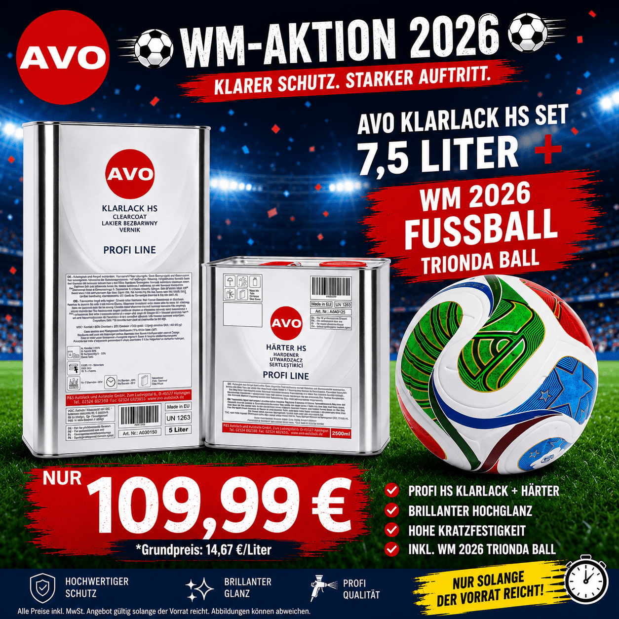 AVO Klarlack HS Set 7,5 Liter + adidas World Cup 26 Trionda Ball – WM-Aktion 2026