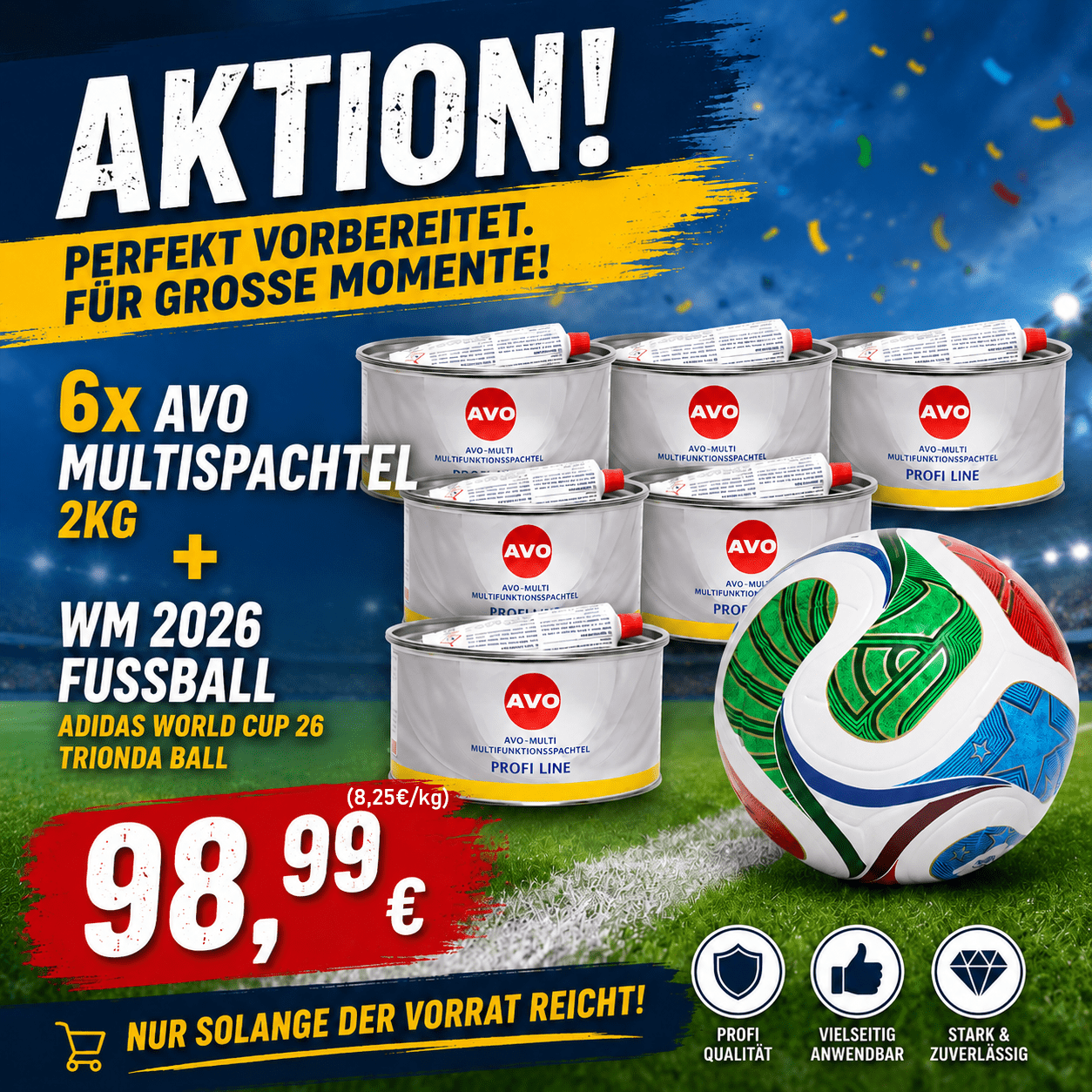 6x AVO Multispachtel 2 kg + adidas World Cup 26 Trionda Ball | Aktionsbundle WM 2026 Aktion